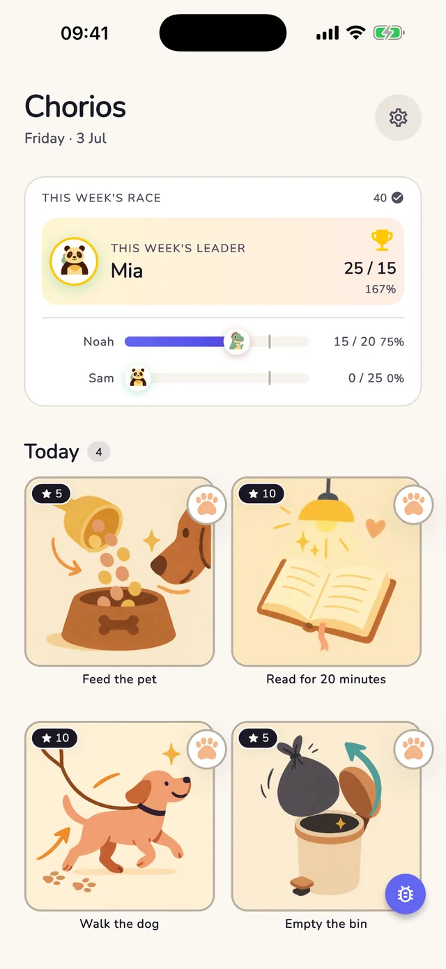The Chorios family dashboard, each child shown with their chores and points for the day