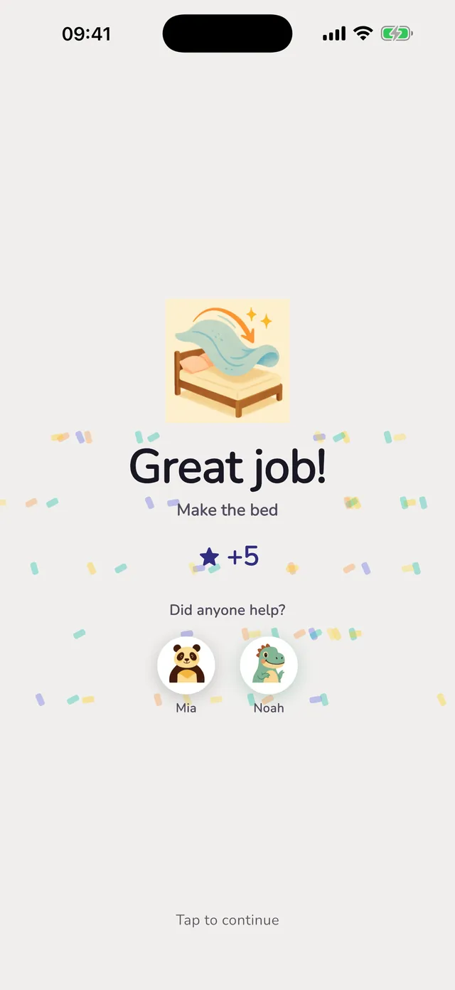 The celebration screen shown when a child completes a chore in Chorios