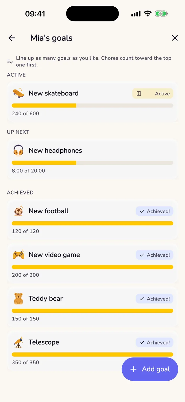 A child's goal progress bar filling toward a chosen real-world reward